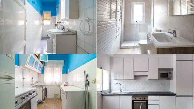 El baño (arriba) y la cocina (abajo) de la vivienda de Tetuán, antes y después de ser reformada.
