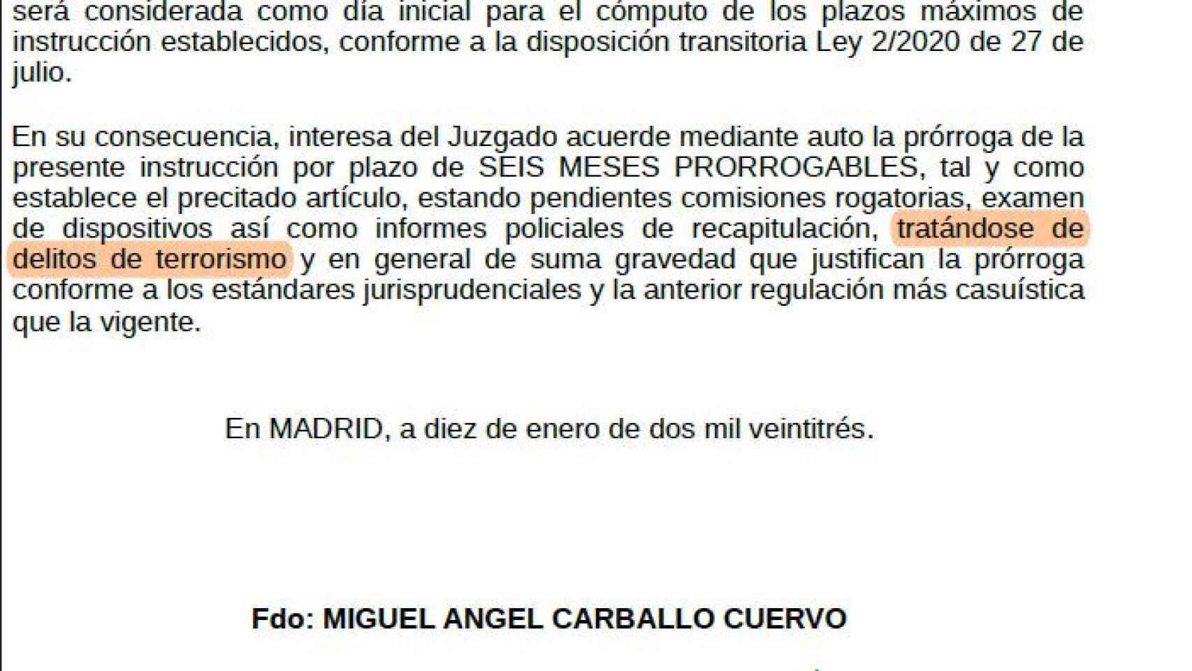 Uno de los escritos del fiscal Carballo pidiendo al juez la prórroga de la investigación del 'caso Tsunami Democràtic' por delitos de terrorismo./