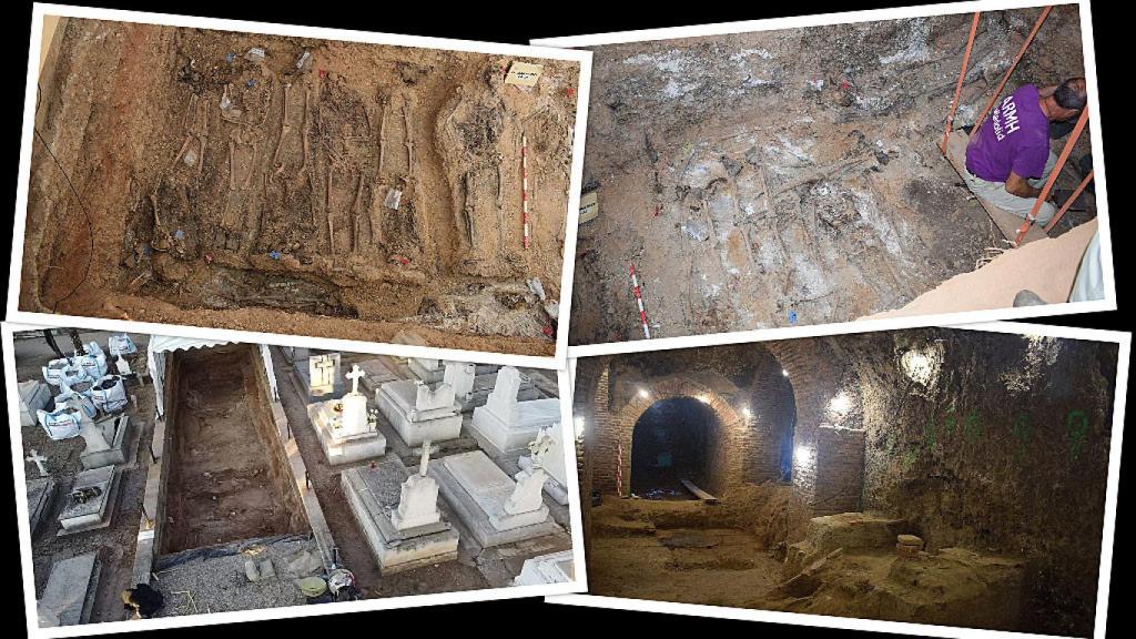 Trabajos de la ARMH. Arriba a la izquierda: restos óseos en el Cementerio del Carmen. Arriba a la derecha: trabajos de recuperación en el Cementerio del Carmen. Abajo a la izquierda: una fosa en el Cementerio del Carmen. Abajo a la derecha: la bodega en la Finca de los Alfredos de Medina del Campo