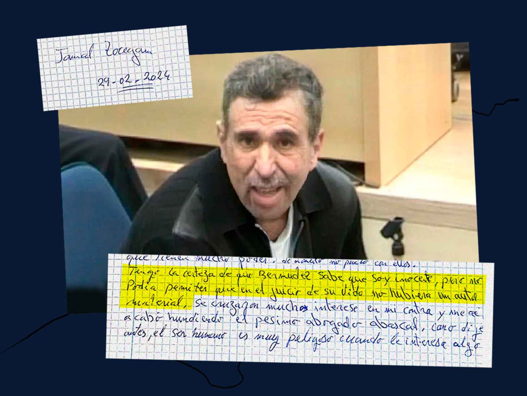 Imagen de Jamal Zougam durante el juicio, envejecida con Inteligencia Artificial, junto al manuscrito de sus respuestas a las preguntas de EL ESPAÑOL, con su rúbrica.