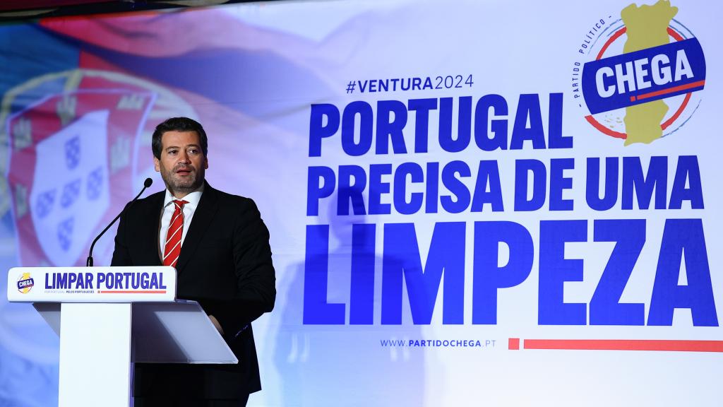 El presidente de Chega, André Ventura, en un acto de campaña este viernes en Almada.