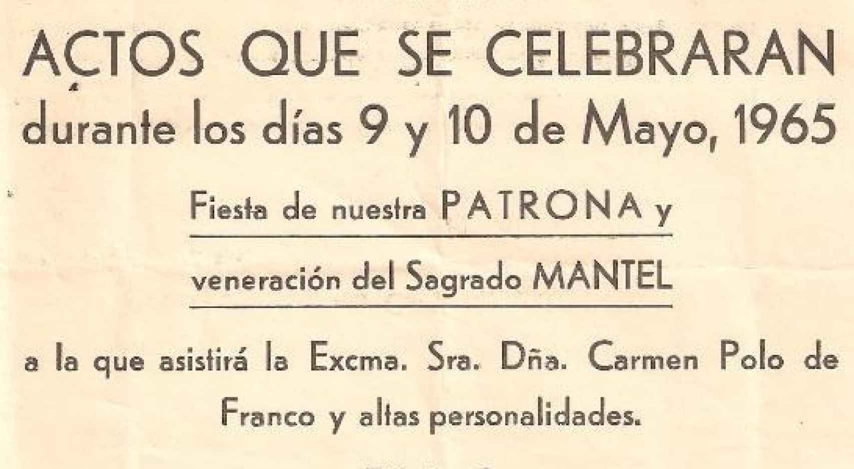 Imagen del bando municipal de Coria anunciando la visita de Carmen Polo para venerar el Mantel.