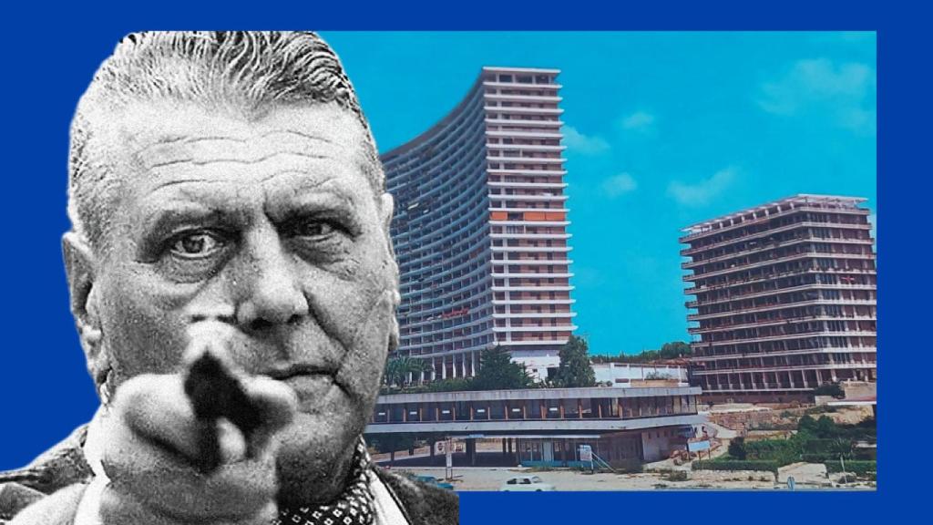 El ex nazi Otto Skorzeny sobre una postal del edificio Panorama de La Albufereta de Alicante en los años 70.