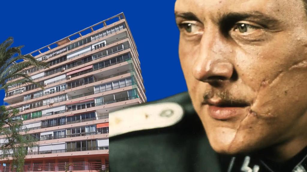 El excoronel de las SS, Otto Skorzeny sobre imagen actual del edificio Panorama, en La Albufereta de Alicante.