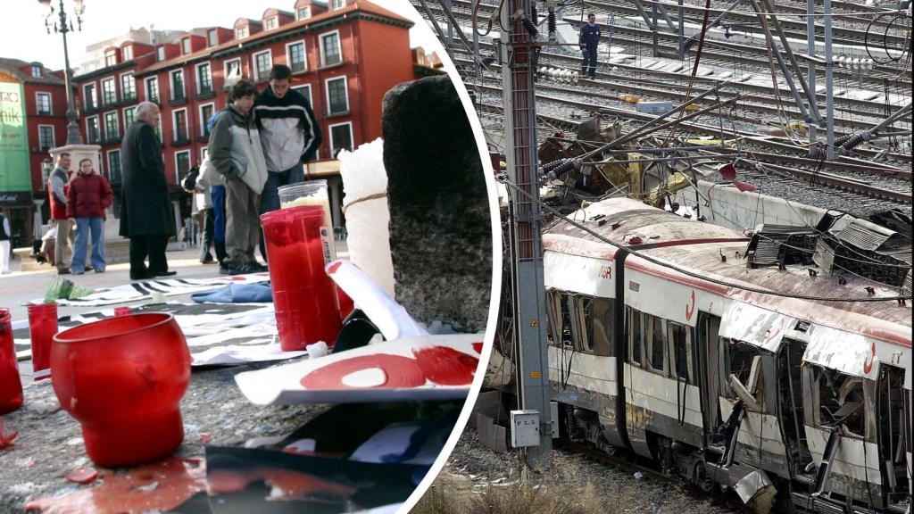 Imagen de uno de los trenes junto a un homenaje en la plaza mayor de Valladolid