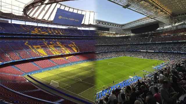 Render del nuevo Camp Nou frente a una imagen actual del Nuevo Bernabéu, aún por terminar