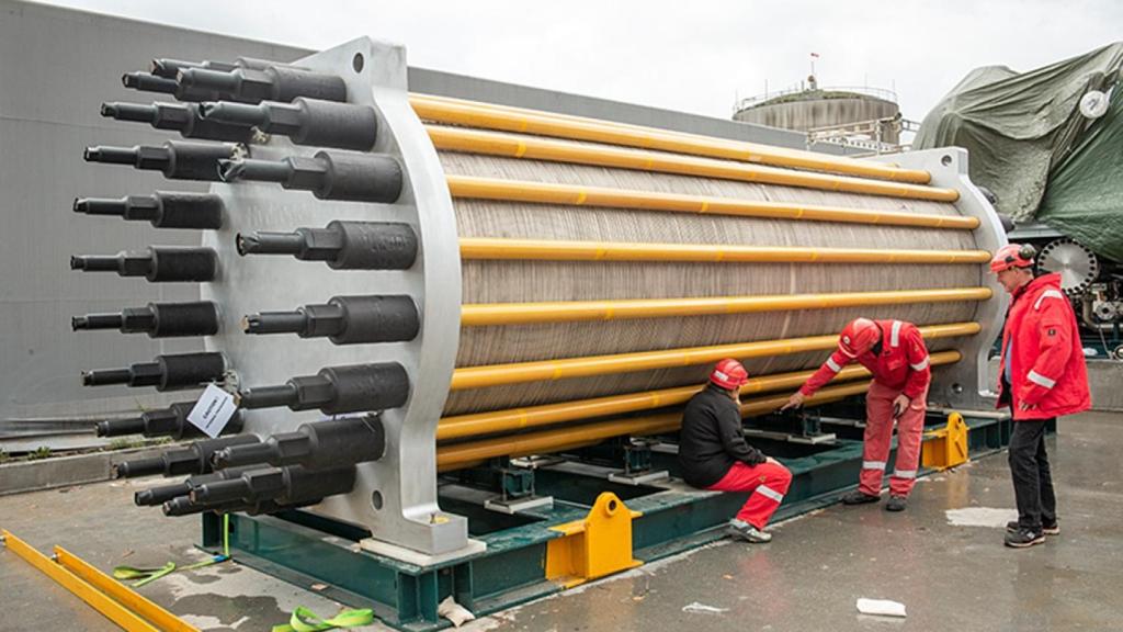 El electrolizador considerado el mayor electrolizador del mundo, fabricado en la planta de HydrogenPro en Tianjin, China.