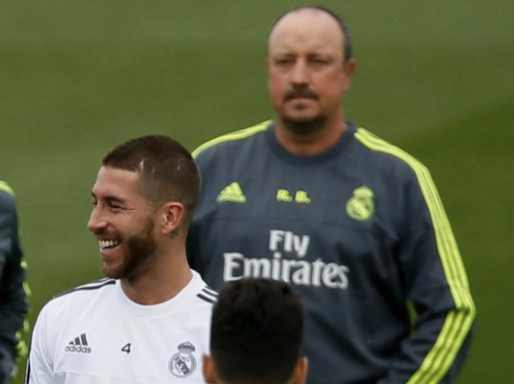 Sergio Ramos y Rafa Benítez, en un entrenamiento del Real Madrid