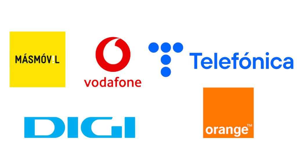 Montaje con los logos de Telefónica, Orange, Vodafone, MásMóvil y Digi, las cinco principales operadoras del mercado español.