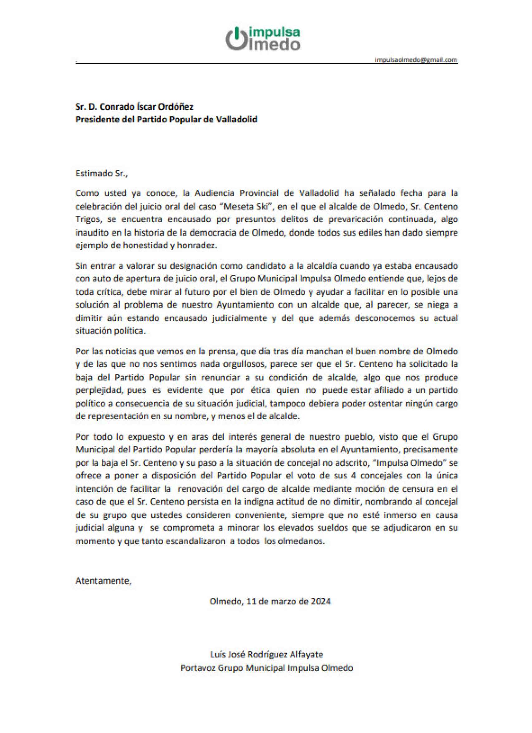 Carta de Impulsa Olmedo al presidente provincial del PP de Valladolid, Conrado Íscar