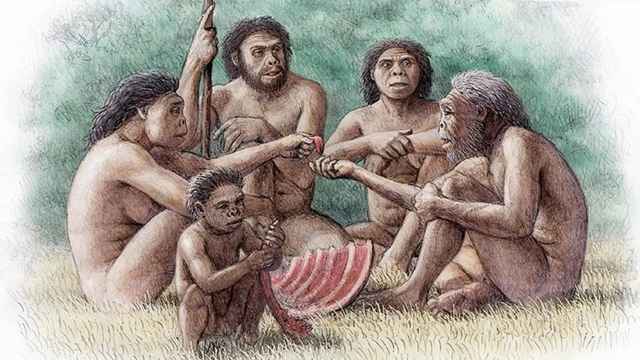 Ilustración idealizada de un grupo de Homo erectus en Dmanisi (Georgia)