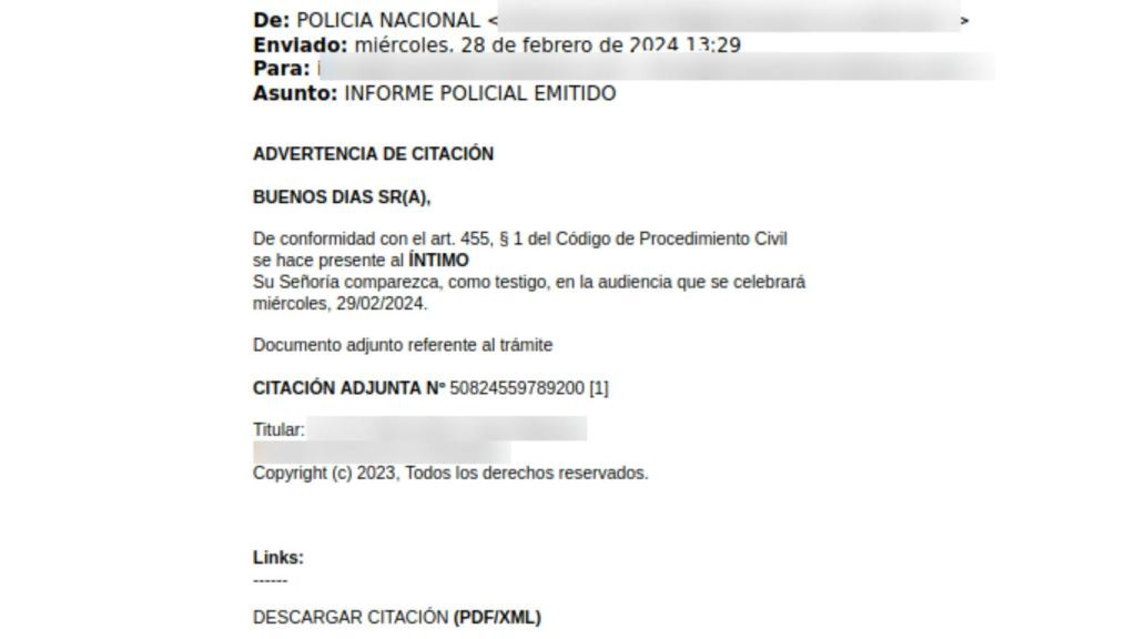 El correo en el que se hacen pasar por la Policía Nacional.