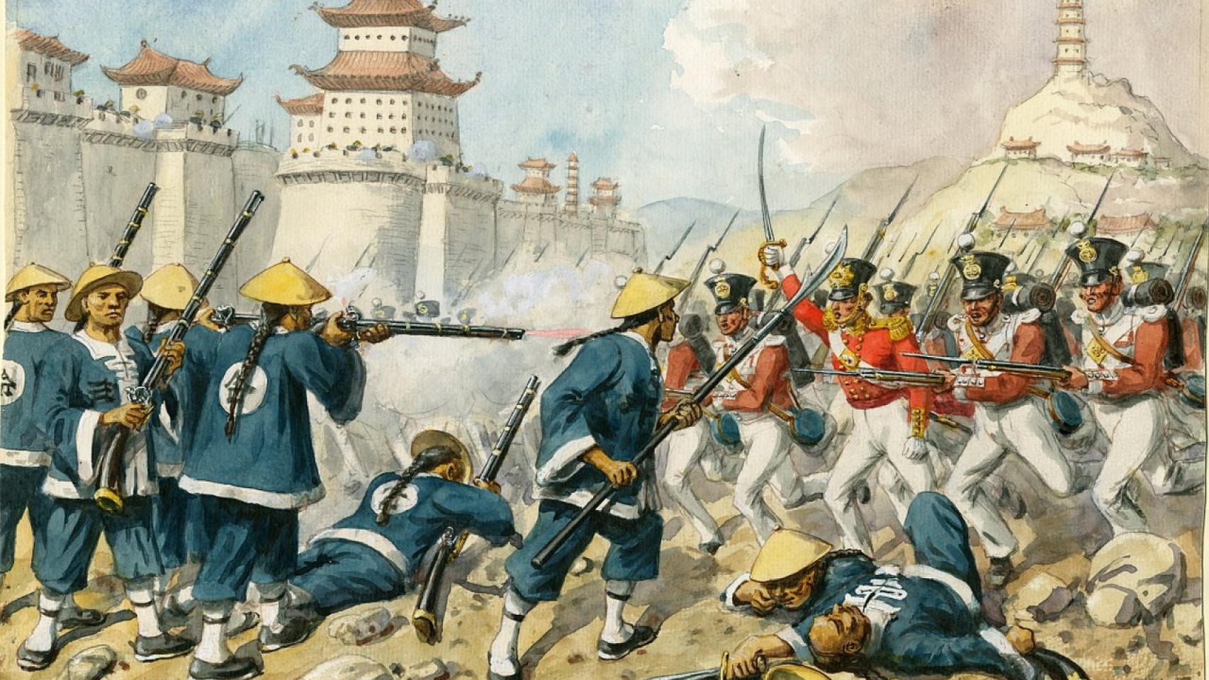 Ejército británico cargando contra posiciones chinas en la batalla de Chiankiang