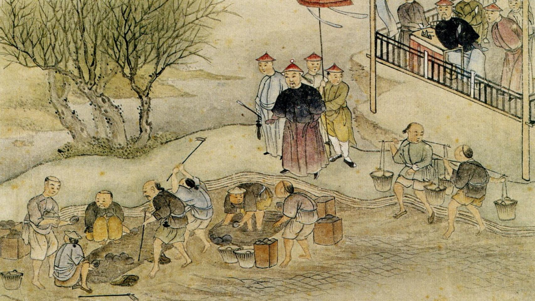 Pintura china mostrando a Lin Zexu destruyendo opio en 1839