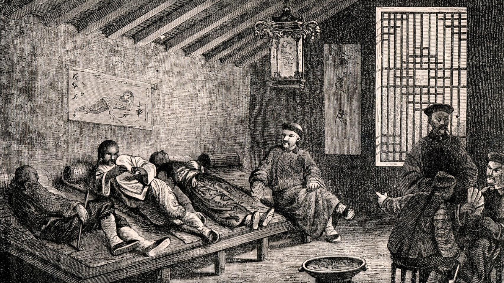 Grabado del siglo XIX que muestra un fumadero de opio en Pekín