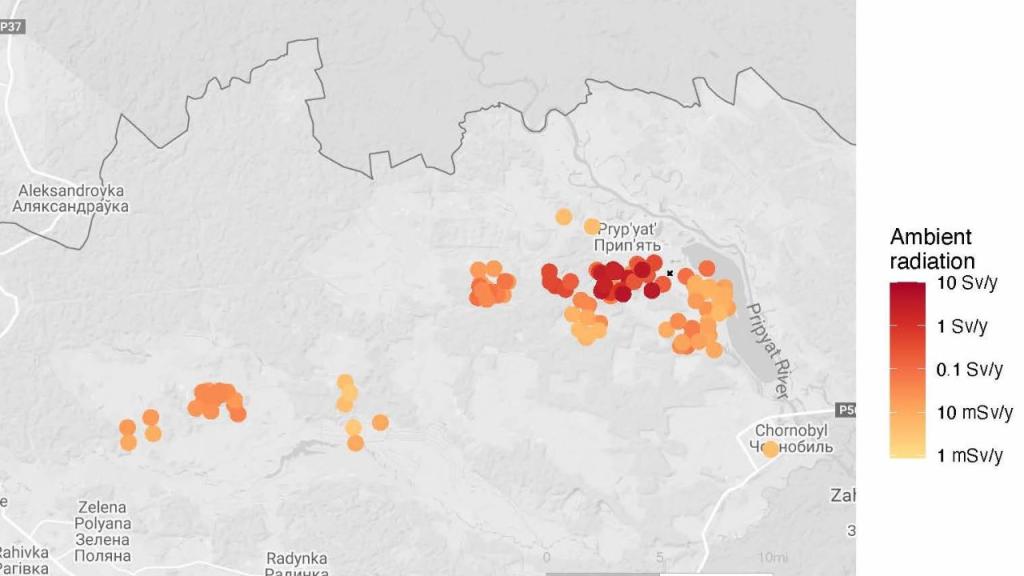 Zona de Exclusión de Chernóbil con puntos para marcar sitios de recolección de gusanos.