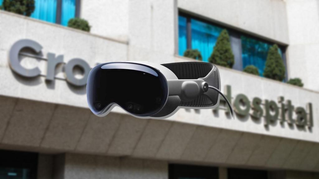 Fotomontaje con el hospital Cromwell de Londres y las Apple Vision Pro.