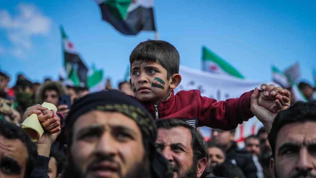 Una manifestación en Siria conmemora en 2021 las protestas de la Primavera Árabe. Foto: Anas Alkharboutli / dpa / EuropaPress