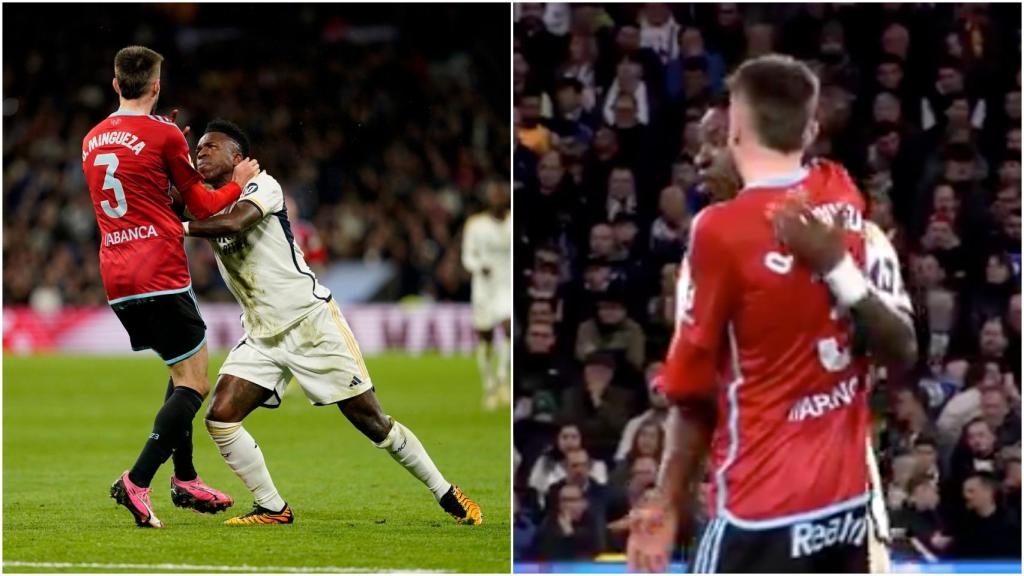 El empujón de Vinicius a Mingueza y su disculpa posterior