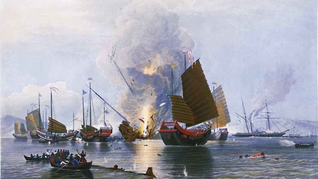 Juncos chinos atacando al HMS Nemesis en 1841 durante la primera guerra del Opio