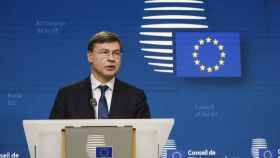 El vicepresidente de la Comisión, Valdis Dombrovskis, durante la rueda de prensa tras el Ecofin de este martes en Bruselas