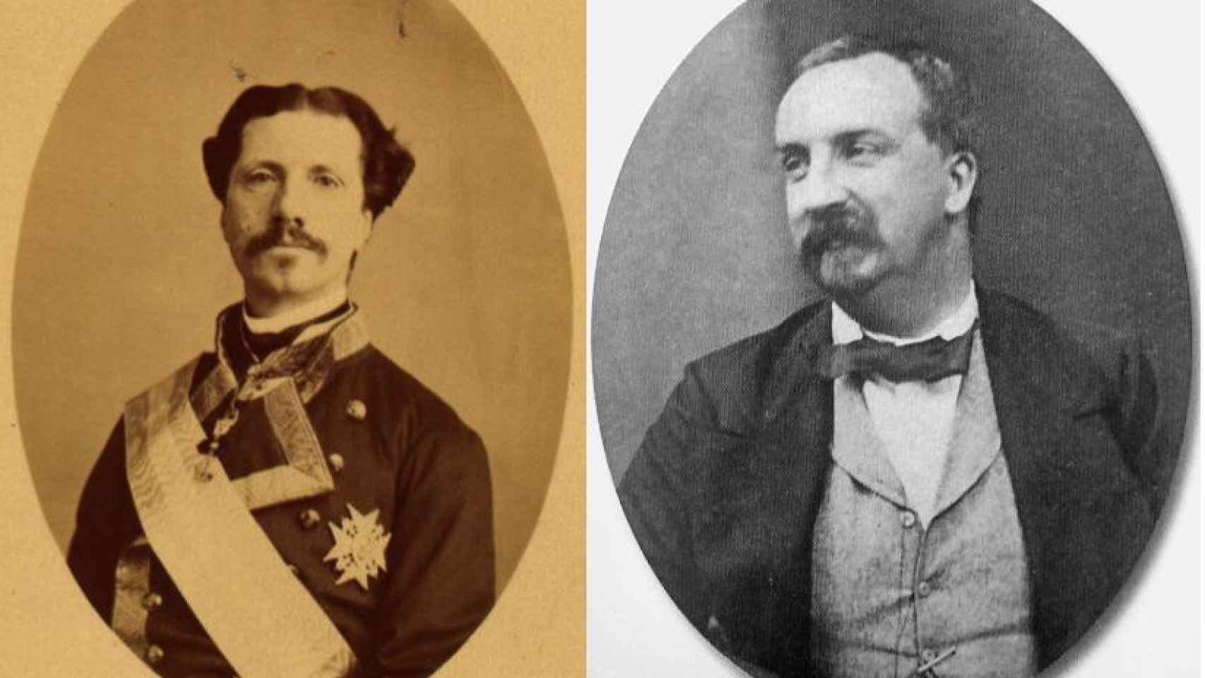 Montaje fotográfico con los retratos de los duelistas. Izquierda, Enrique de Borbón. Derecha,  Antonio de Orleans. C. 1865