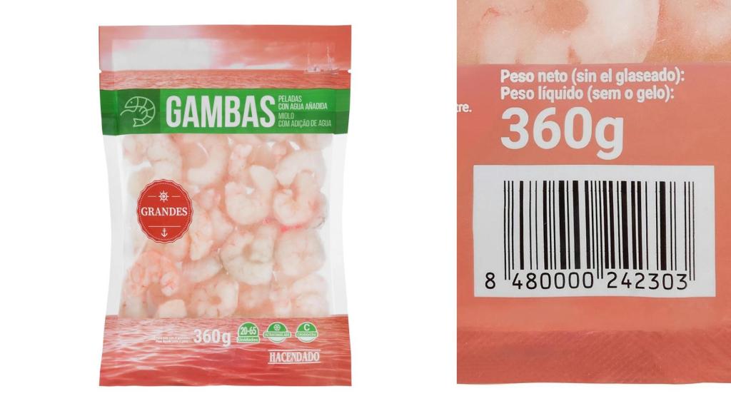 Gambas peladas con agua añadida de Mercadona