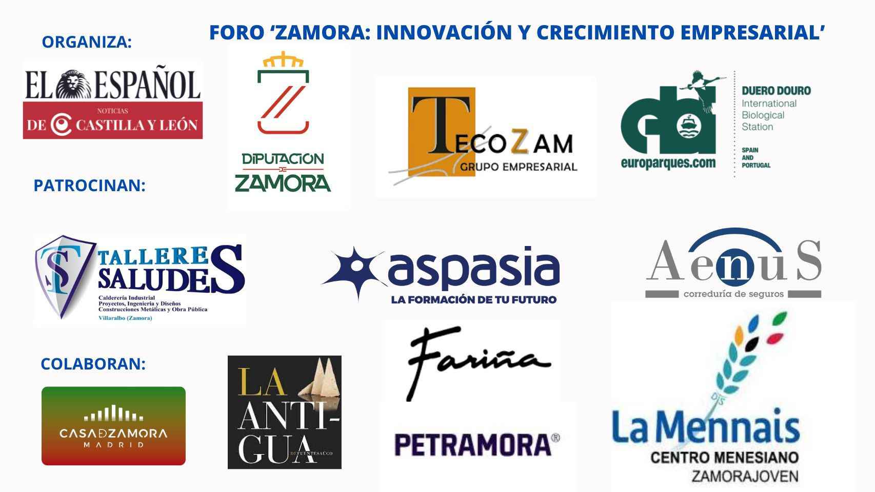 Cartel de patrocinadores del Foro 'Zamora: innovación y crecimiento empresarial'.