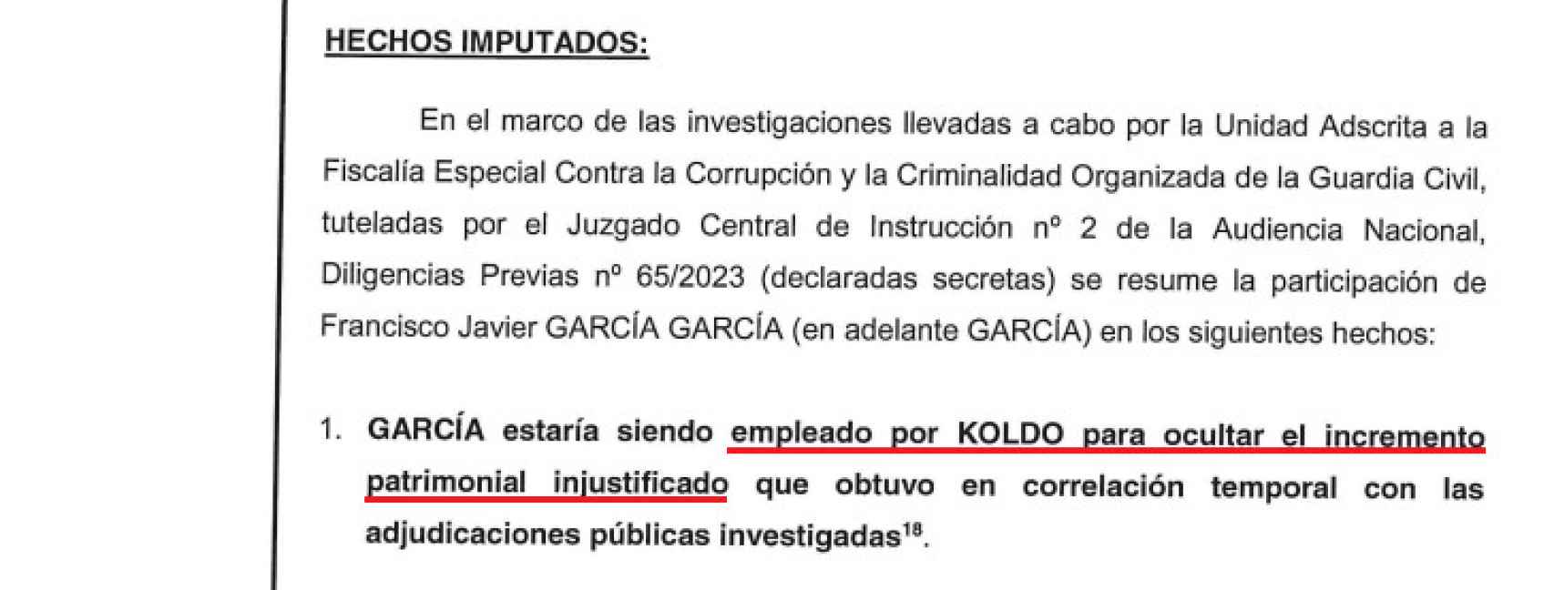 Informe de la UCO que atribuye a García García el rol de supuesto testaferro de Koldo.