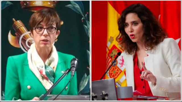 María Gámez, e Isabel Díaz Ayuso, en dos comparecencias públicas.