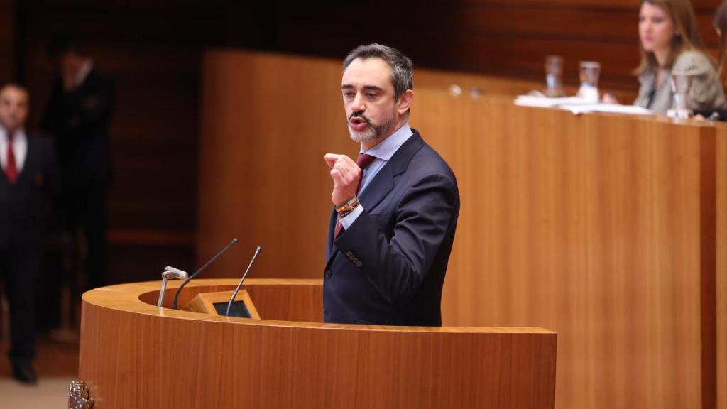 El procurador de Vox David Hierro durante la presentación de la iniciativa, este jueves en el pleno de las Cortes.