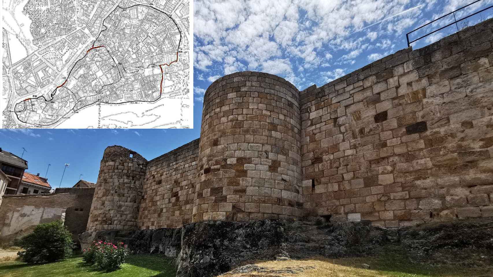 Montaje con los planos de los tramos de la Muralla de Zamora que se van a rehabilitar