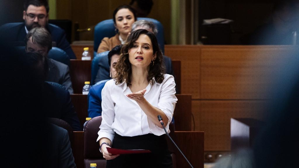 La presidenta de la Comunidad de Madrid, Isabel Díaz Ayuso, este jueves en la Asamblea de Madrid.