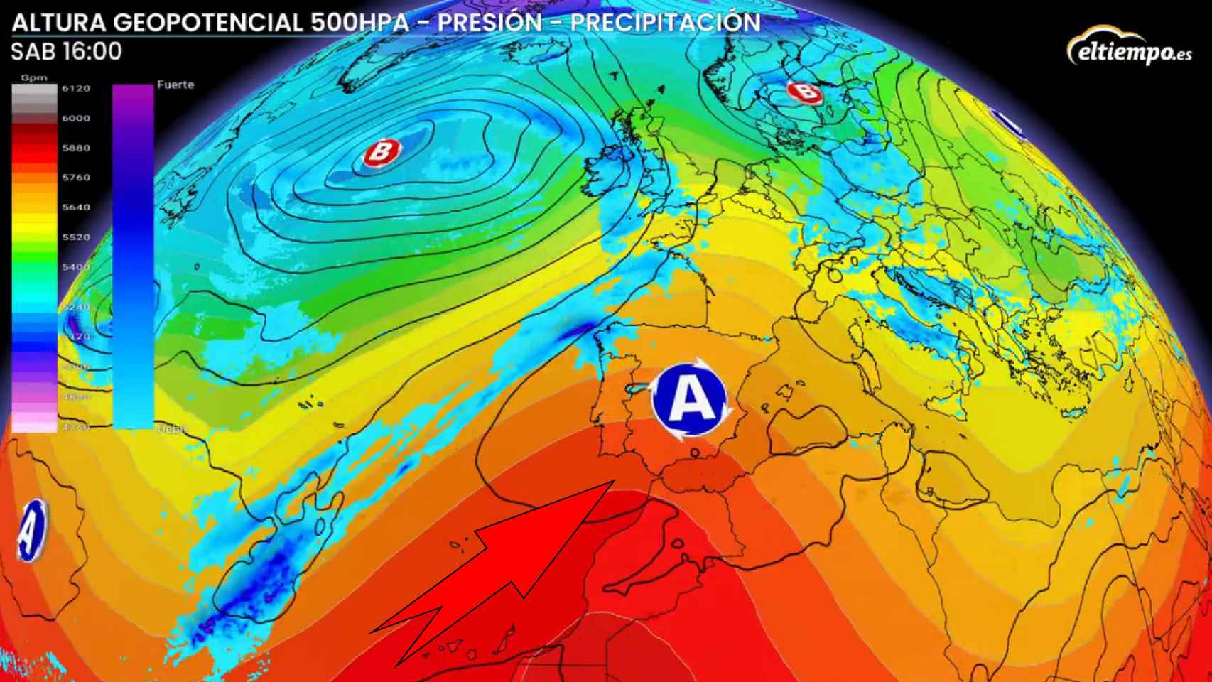 Las masas de aire cálido y el anticiclón que afectarán a España. eltiempo.es