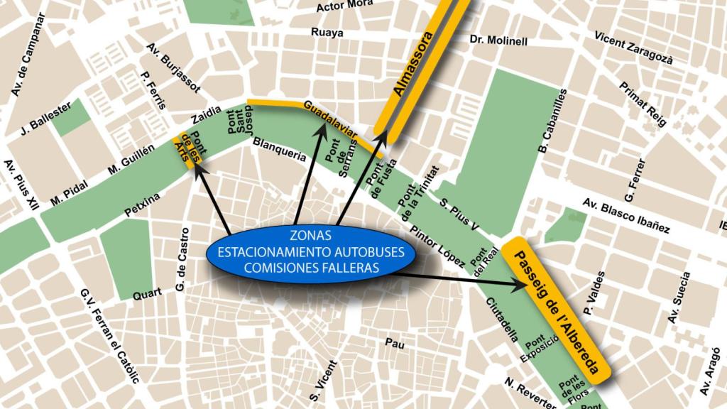 Plano de las zonas de aparcamiento para los autobuses. EE