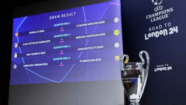 Imagen de los cruces de cuartos de la Champions League y el trofeo de la Competición.
