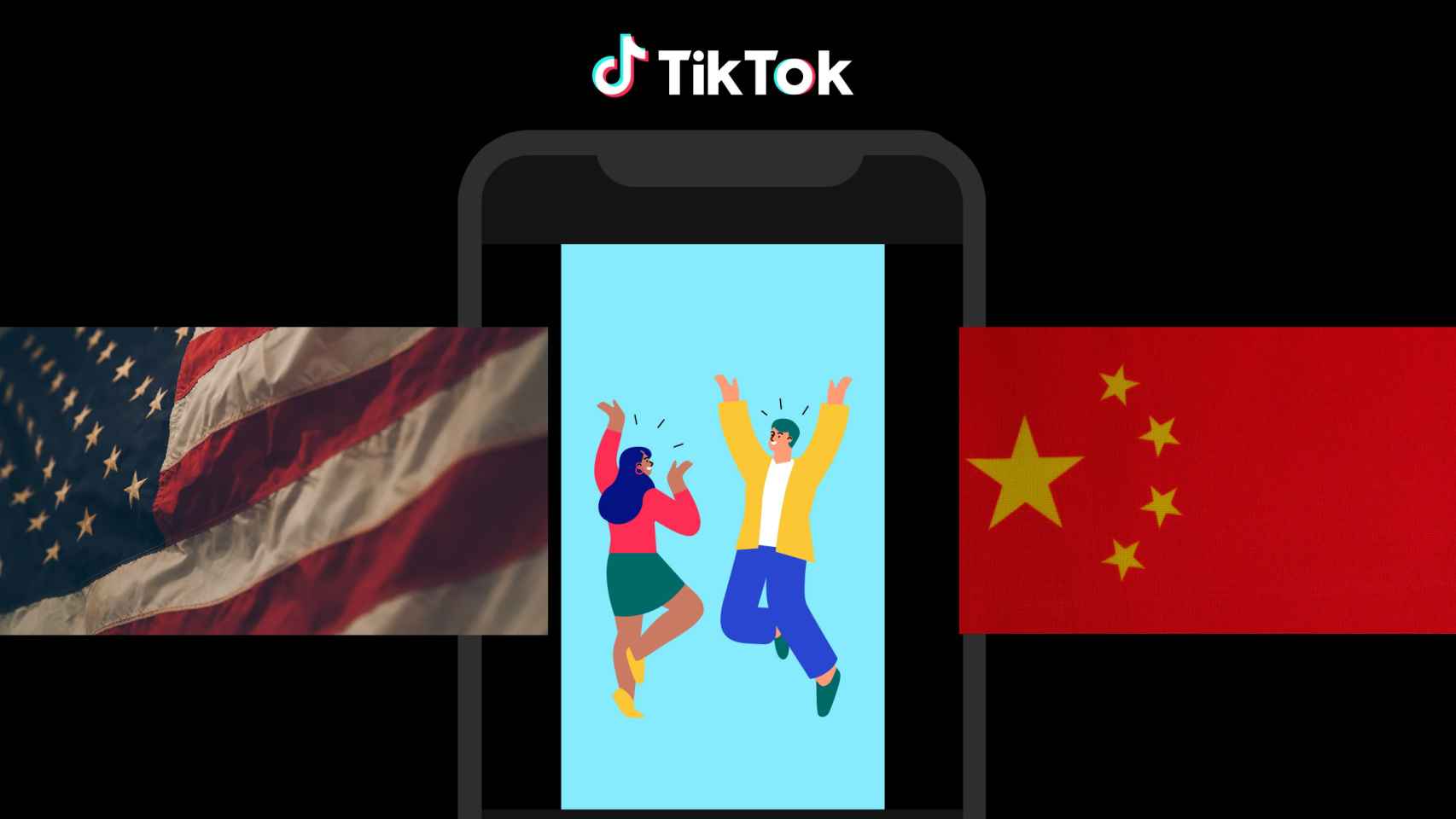 Montaje con el logo de TikTok encima de una pantalla de un teléfono móvil junto a las banderas de China y EEUU.