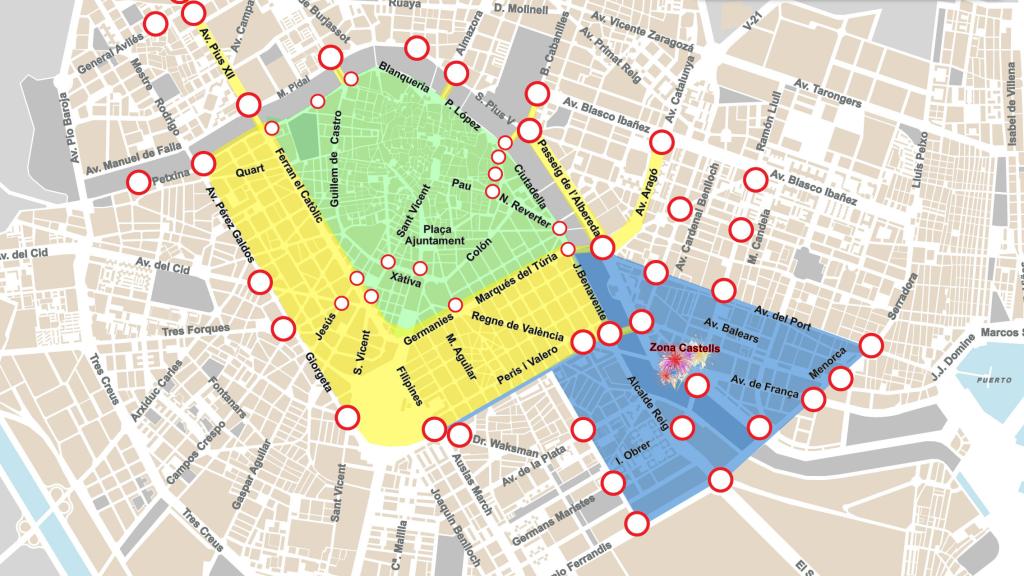Mapa de los cortes de tráfico. De verde, con bando nivel 1; de amarillo, con nivel dos; y de azul, los cortes por el Castillo. EE