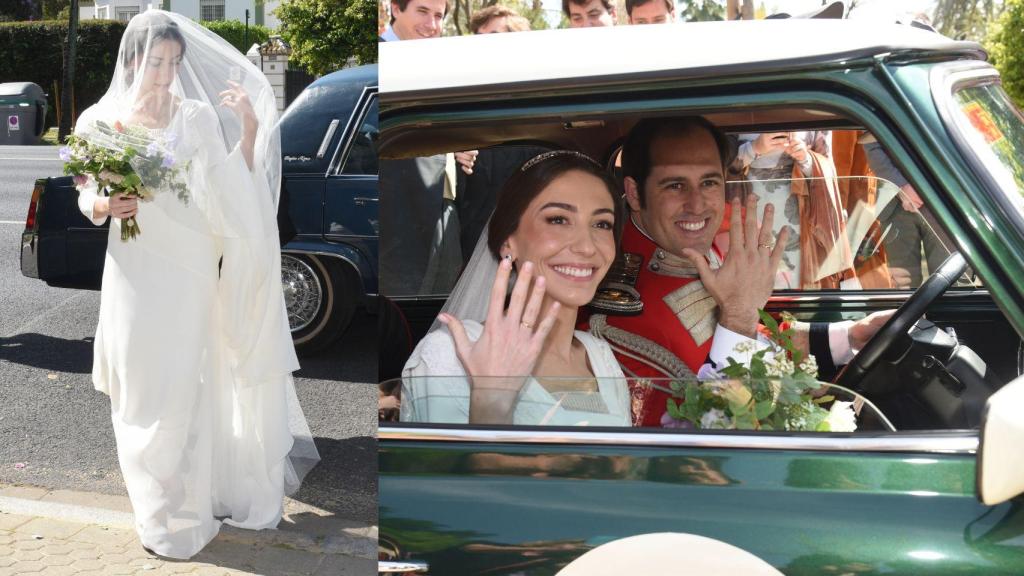El vestido de la novia y la salida de los contrayentes del templo, felices y enseñando sus alianzas.