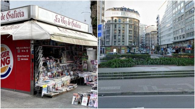 La ubicación vacía del kiosco de plaza de Pontevedra y el kiosco de la Marina, que dice adiós esta semana.