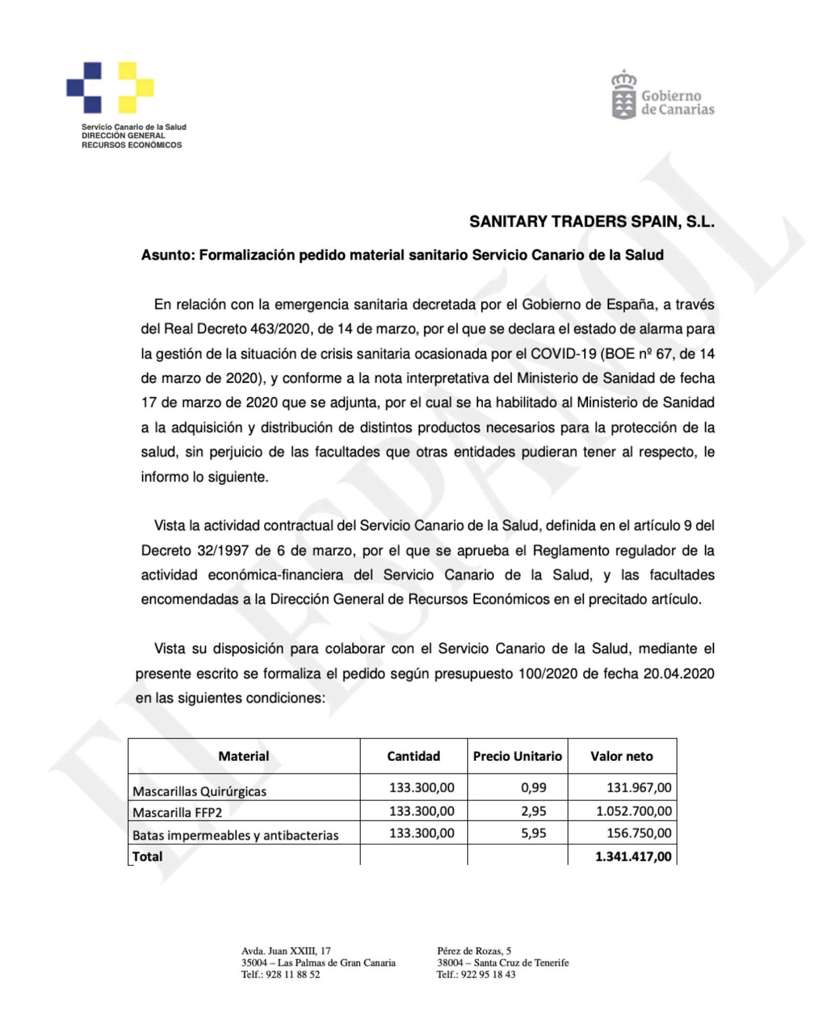 Documento del Gobierno de Canarias para la formalización del pedido realizado por el Servicio Canario de Salud a Central de Sanitary Traders Spain SL.