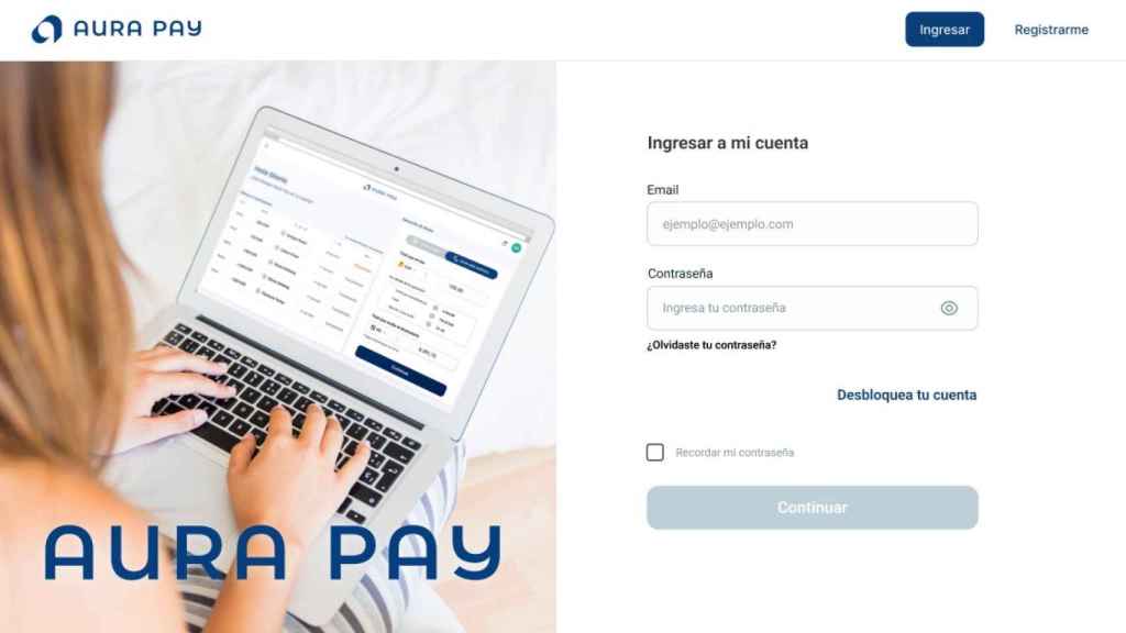 Imagen de la plataforma de envío de remesas de Aura Pay.
