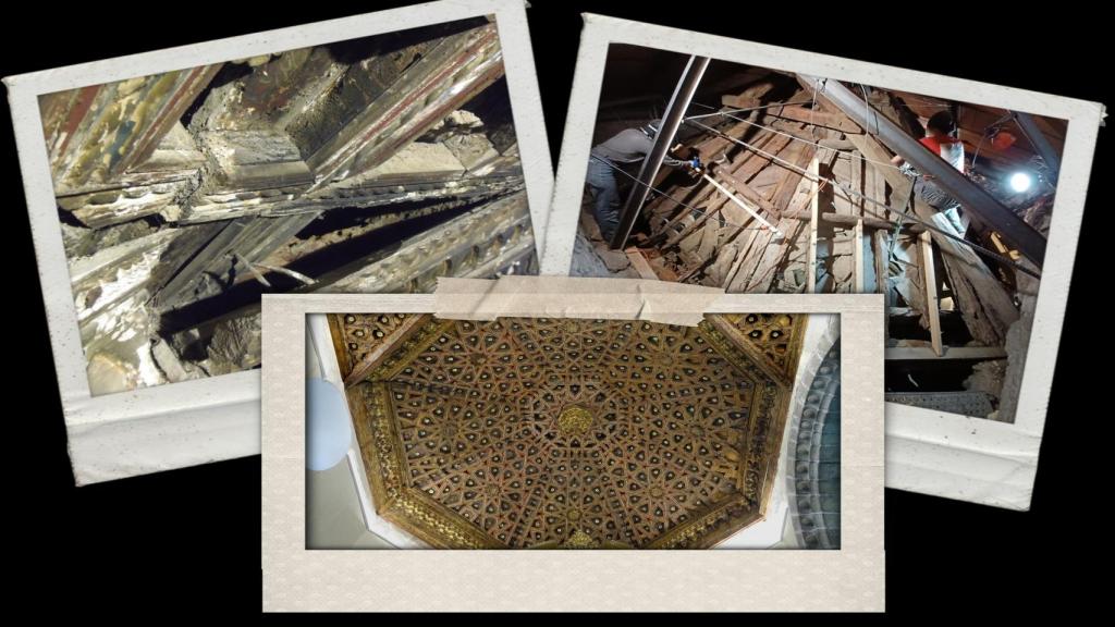 Estado inicial, trabajos de restauración y resultado final del artesonado