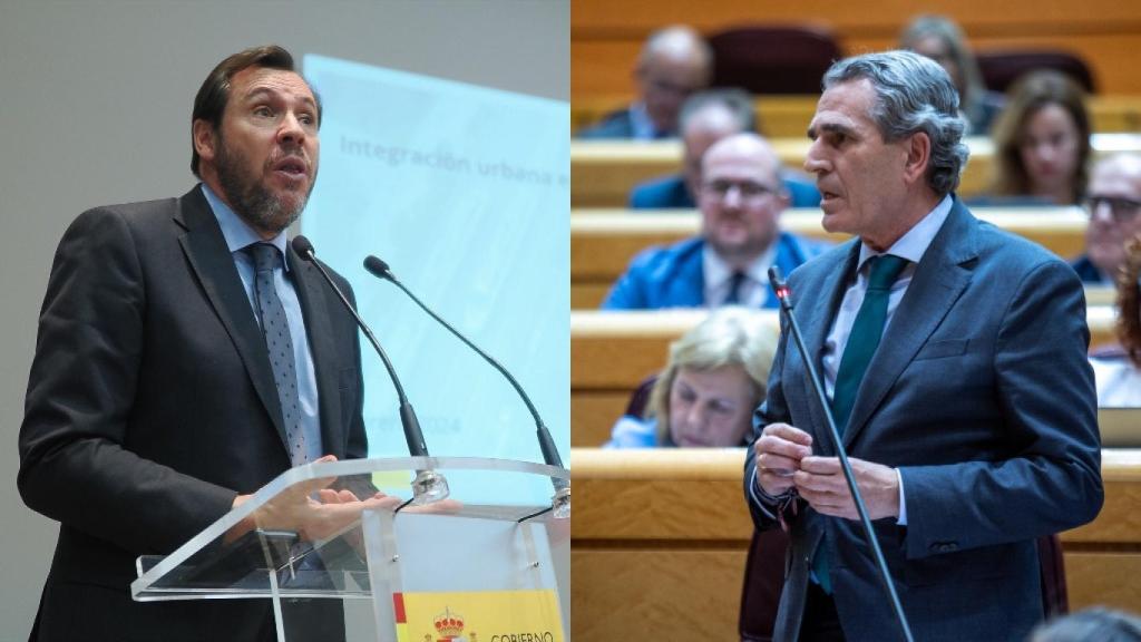 El ministro de Transportes, Óscar Puente, y el senador del PP Juan José Sanz Vitorio, en un montaje de EL ESPAÑOL.