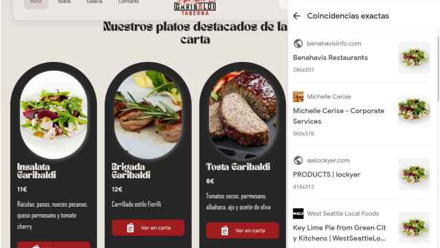 A la izquierda, algunos de los platos de la Taberna Garibaldi; a la derecha, la misma imagen de la 'Insalata Garibaldi' empleada en otras páginas web.