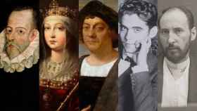 Collage con retratos de archivo de Miguel de Cervantes, Isabel I de Castilla, Cristóbal Colón, Federico García Lorca y Santiago Ramón y Cajal.