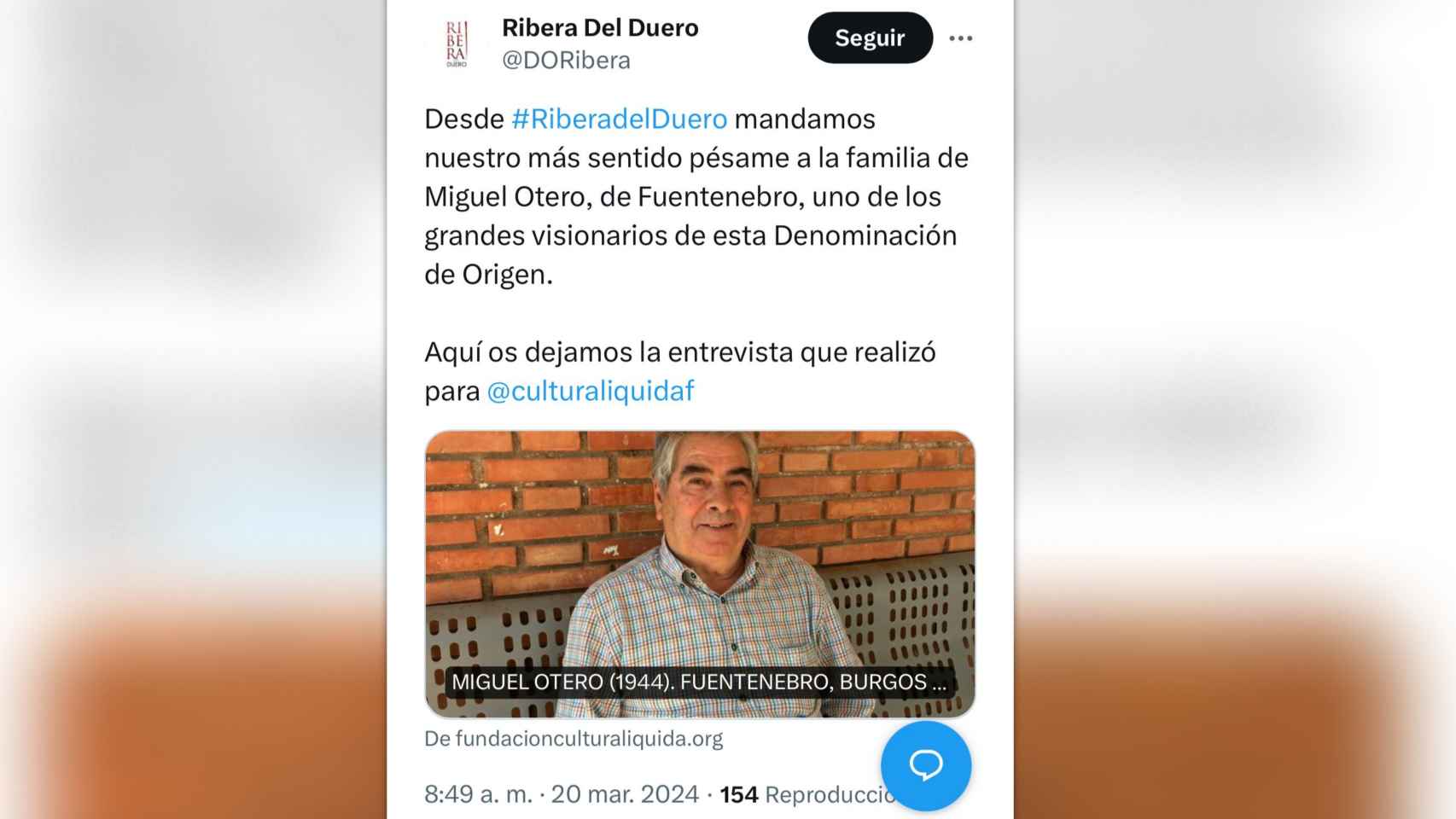 Publicación de la DO Ribera del Duero sobre el fallecimiento de Miguel Otero