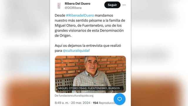 Publicación de la DO Ribera del Duero sobre el fallecimiento de Miguel Otero