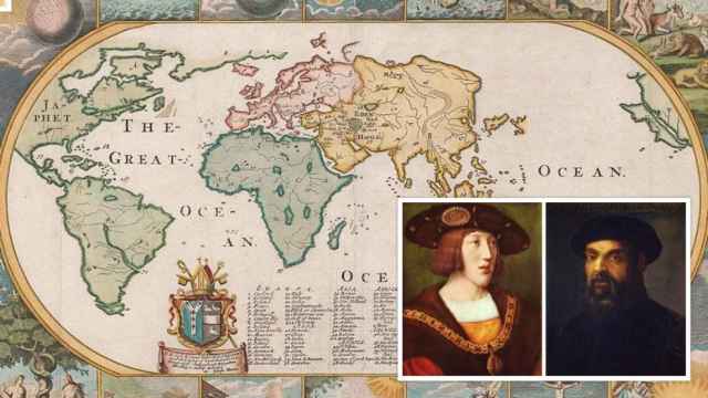 Un mapa del mundo, el rey Carlos I y el navegante portugués Fernando de Magallanes, en un montaje de EL ESPAÑOL.