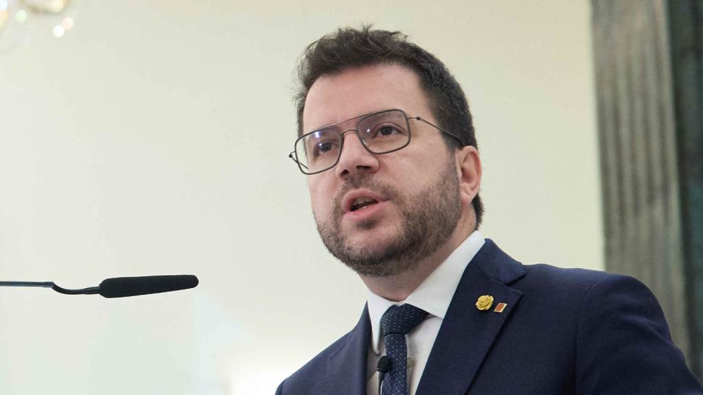 Pere Aragonès, presidente de la Generalitat, durante un desayuno informativo en Madrid, este miércoles.